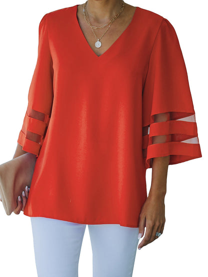 Fiery Crimson V Neck Blouse with Flare Sleeves