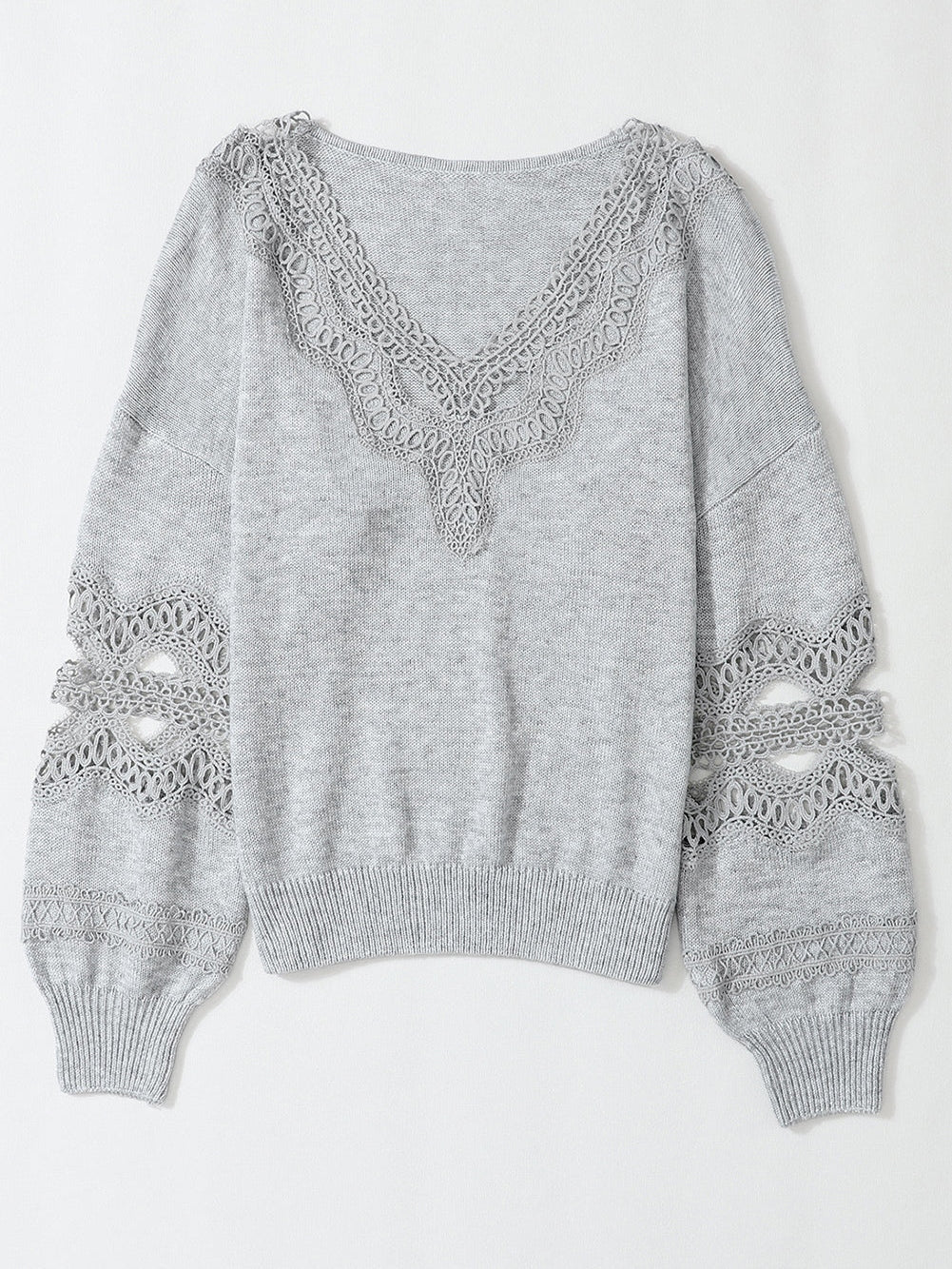 Graceful Gray Knit Lace V-Neck Oversized Sweater