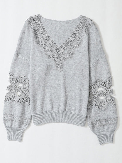 Graceful Gray Knit Lace V-Neck Oversized Sweater