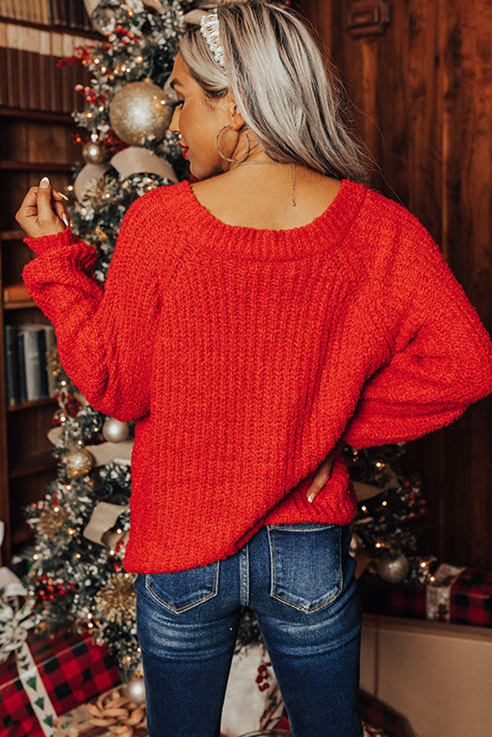 Fiery Red V Neck Drawstring Hem Knit Oversize Sweater
