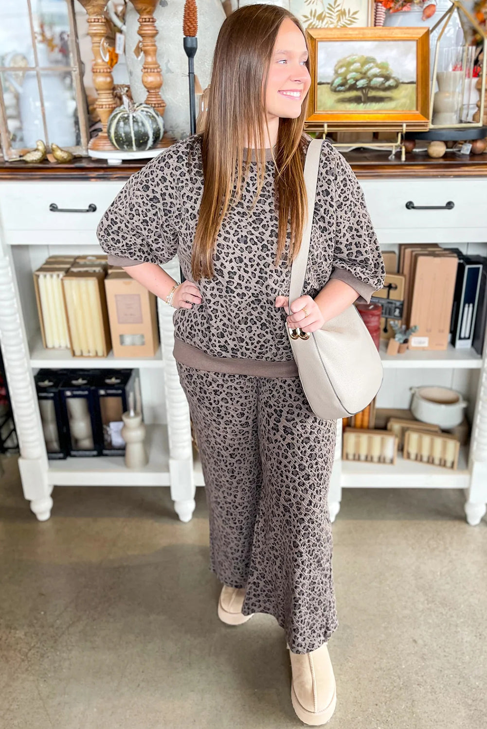 Khaki Leopard Ribbed Patchwork Long Sleeve Pullover Wide Leg Pant Set