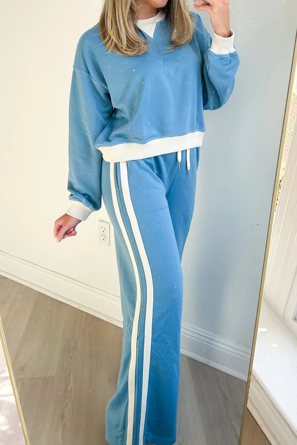 Myosotis Color Block Patchwork Long Sleeve Pullover Varsity Drawstring Pant Set