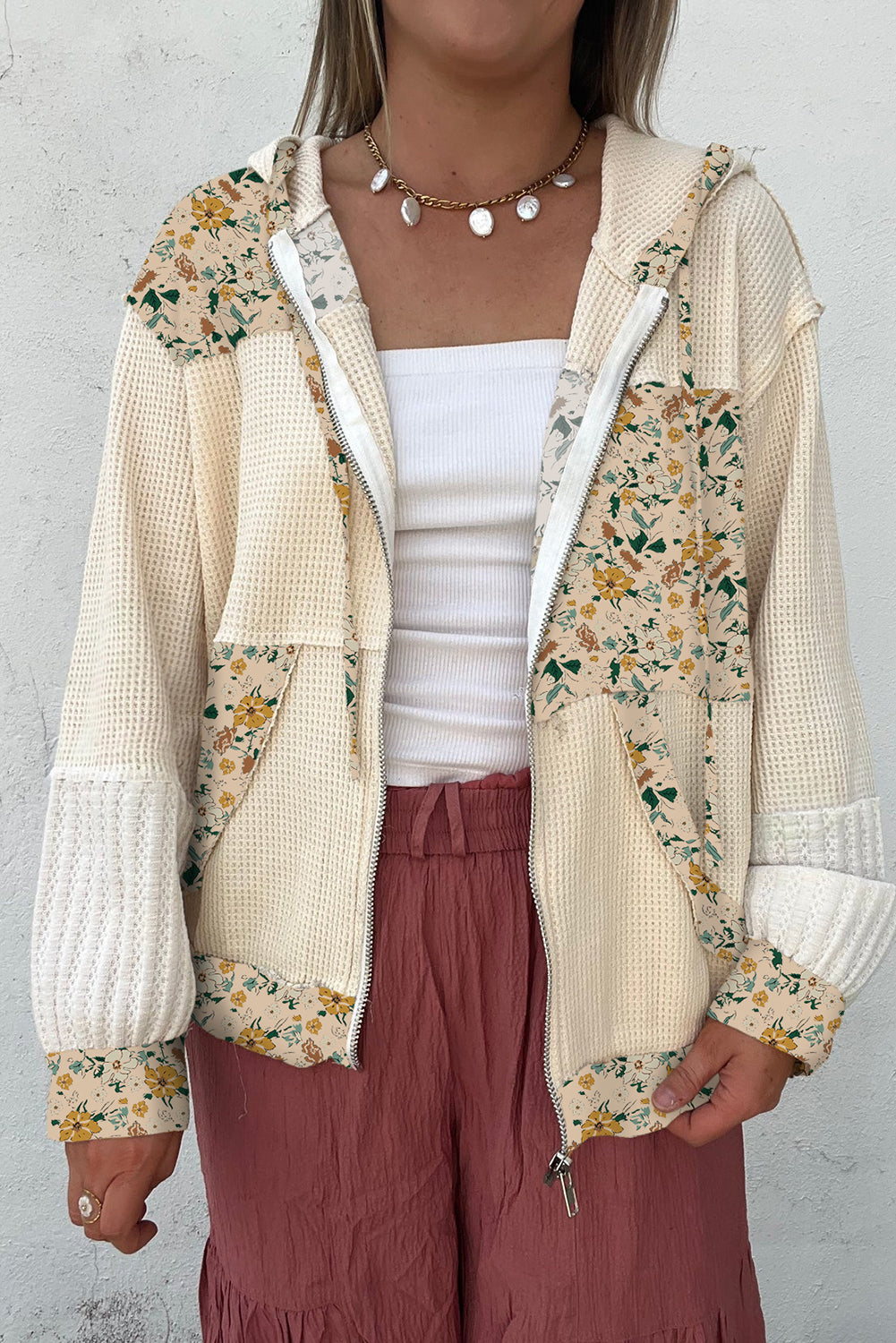 Beige Floral Print Waffle Knit Color Block Patchwork Zip Up Hooded Jacket