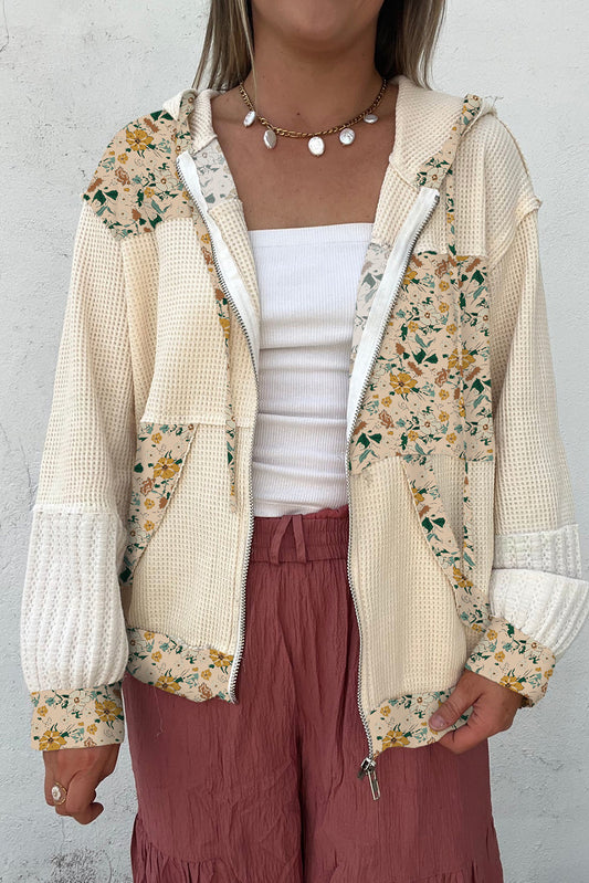 Beige Floral Print Waffle Knit Color Block Patchwork Zip Up Hooded Jacket
