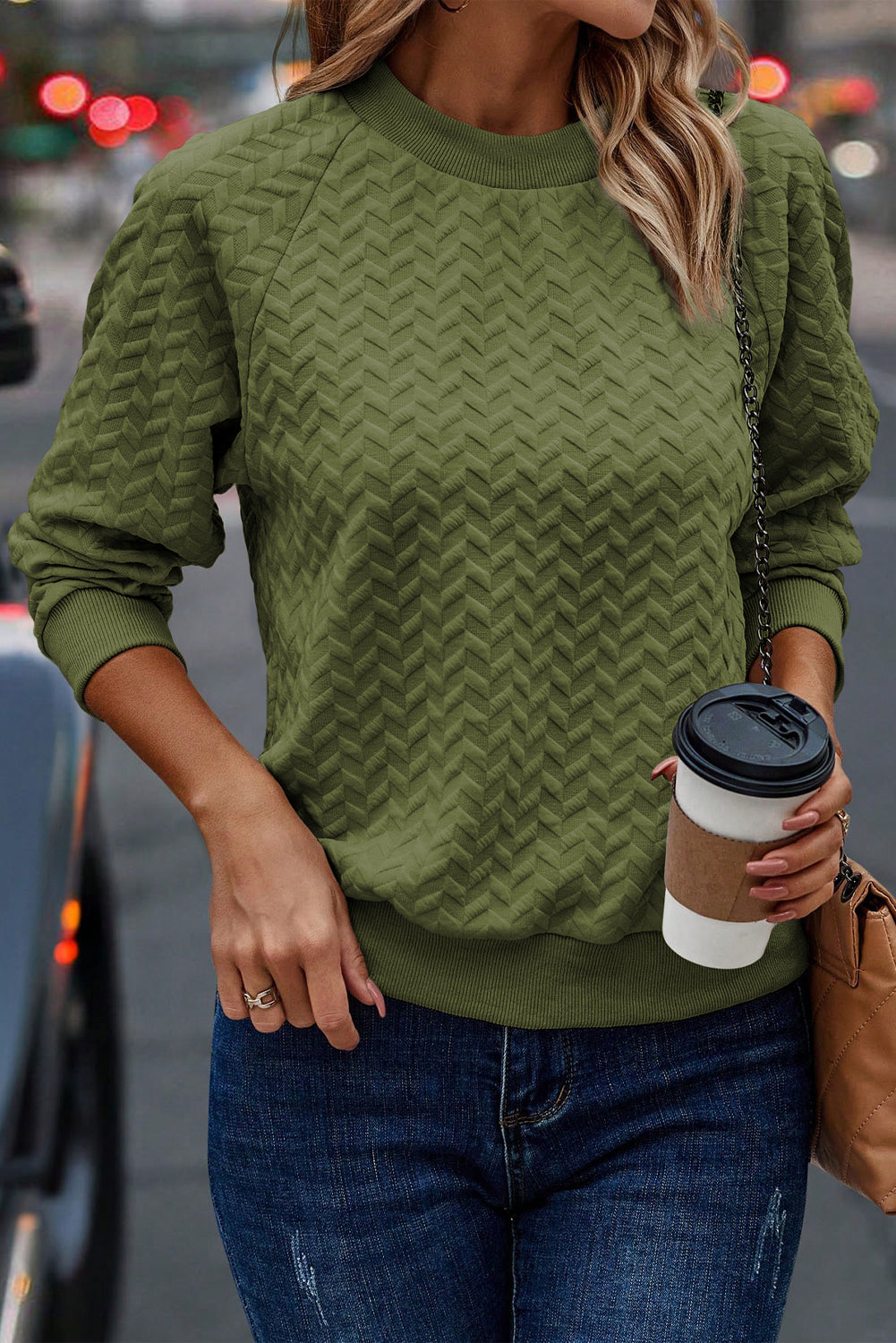 Forest Green Textured Raglan Sleeve Casual Sweatshirt