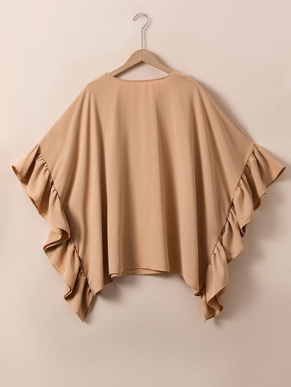 Elegant Smoke Gray Plus Size V Neck Blouse with Ruffled Batwing Sleeves