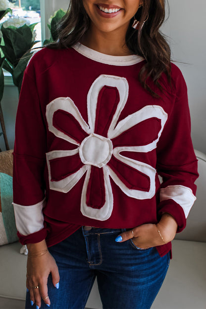 Red Dahlia Cheerful Daisy Flower Patched Round Neck Long Sleeve Top