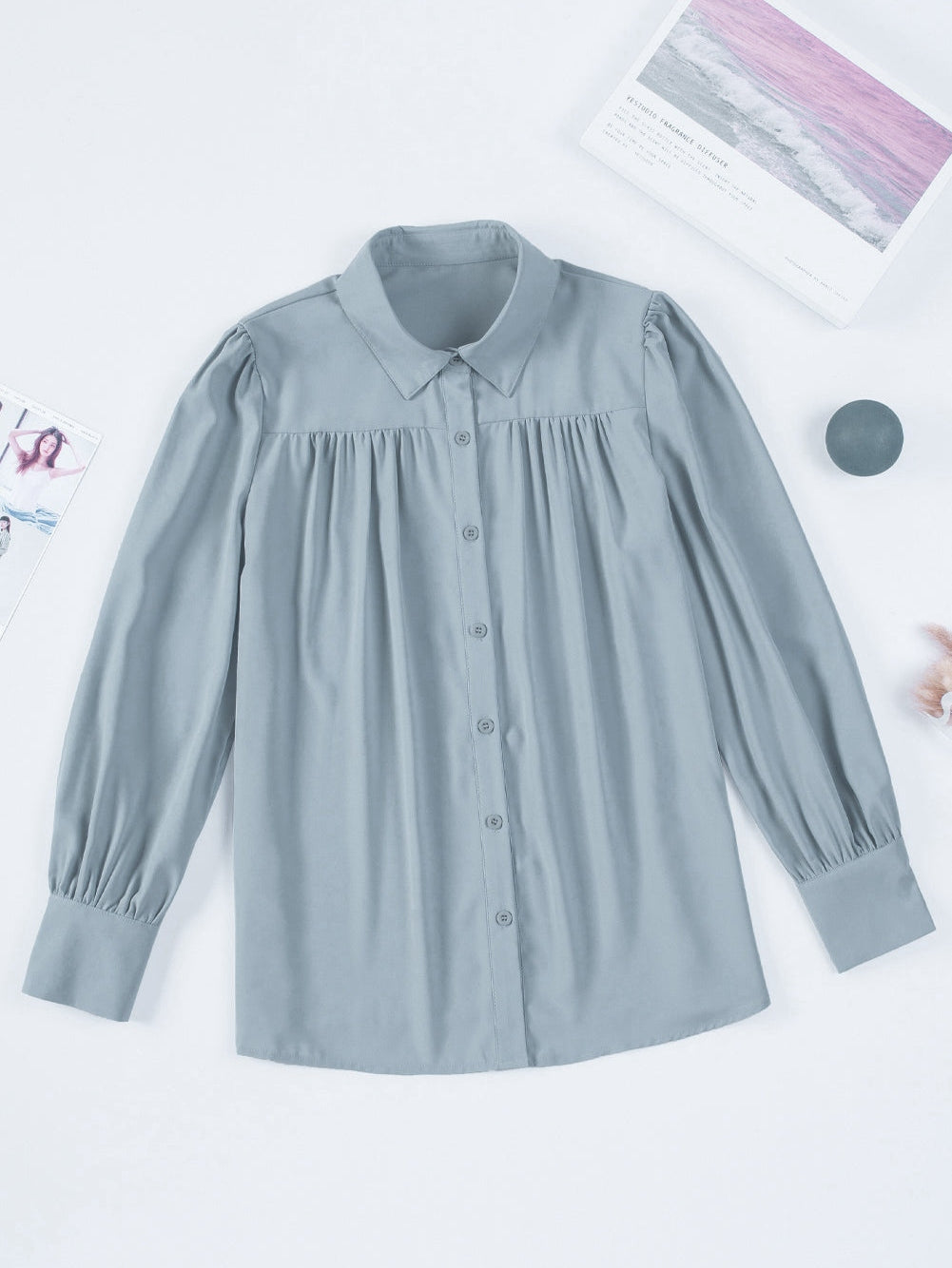 Elegant Sky Blue Puff Sleeve Polyester Blouse