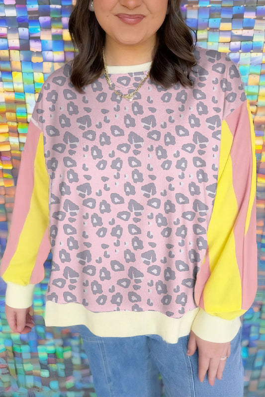 Yellow Color Block Long Sleeve Leopard Ribbed Plus Size Loose Top