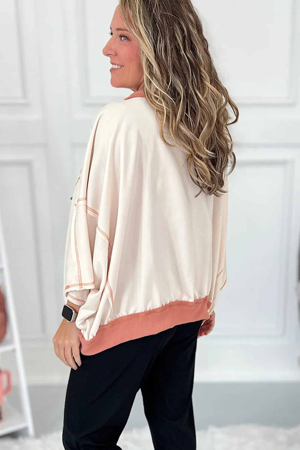 White Contrast Ribbed Exposed Seam Patchwork Leopard Star Oversize Top