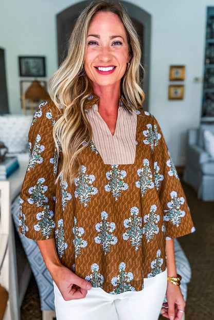 Brown Floral Print 3/4 Sleeve Contrast V Neck Patchwork Blouse
