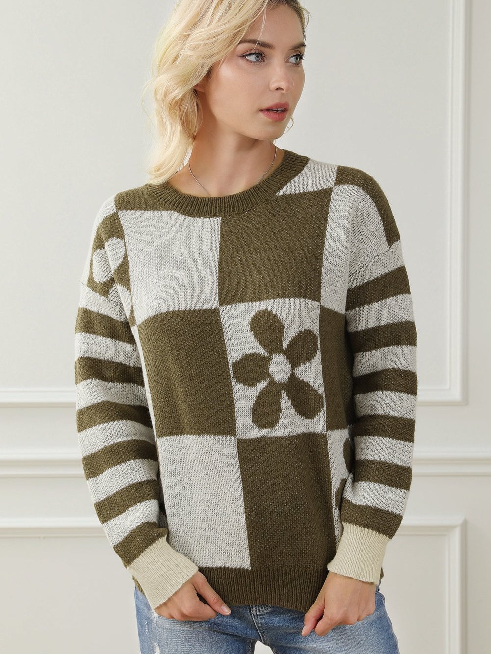 Green Checkered Floral and Striped Sleeve Sweater with Round Neck
