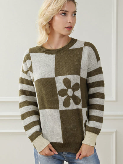 Green Checkered Floral and Striped Sleeve Sweater with Round Neck