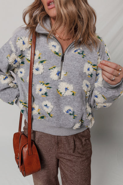 Sleet Plush Flower Pattern Zip Collar Loose Pullover Sweatshirt