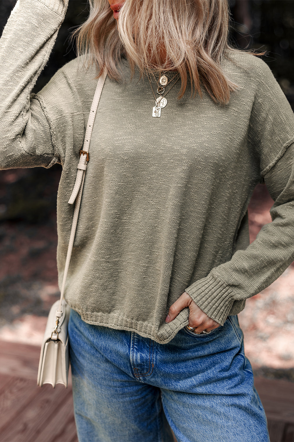 Four Leaf Clover Drop Shoulder Raw Hem Knitted Sweater