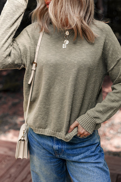 Four Leaf Clover Drop Shoulder Raw Hem Knitted Sweater