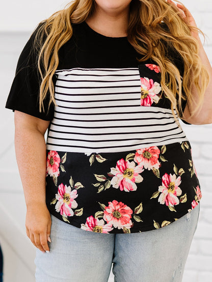 Chic Black Floral Striped Plus Size Short Sleeve Top