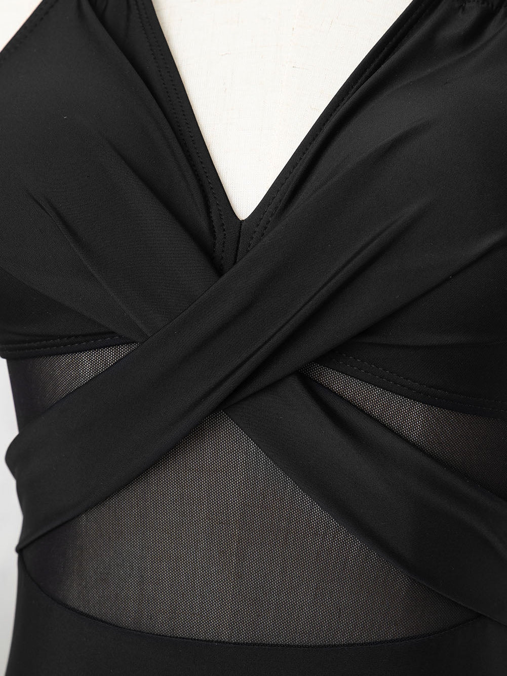 Black Mesh Crisscross Halter One-Piece Swimsuit with Sheer Inserts