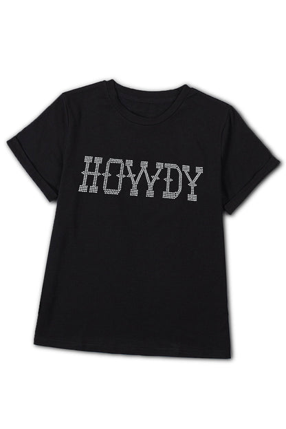HOWDY Black Rhinestone Embellished Slim Fit Tee