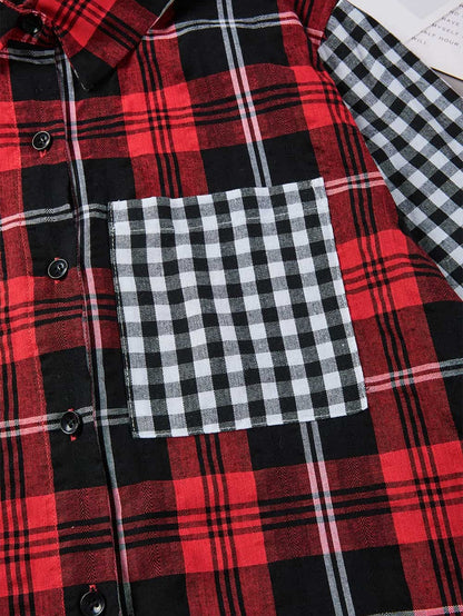 Fiery Red Buffalo Plaid Long Sleeve Shirt with Colorful Pockets