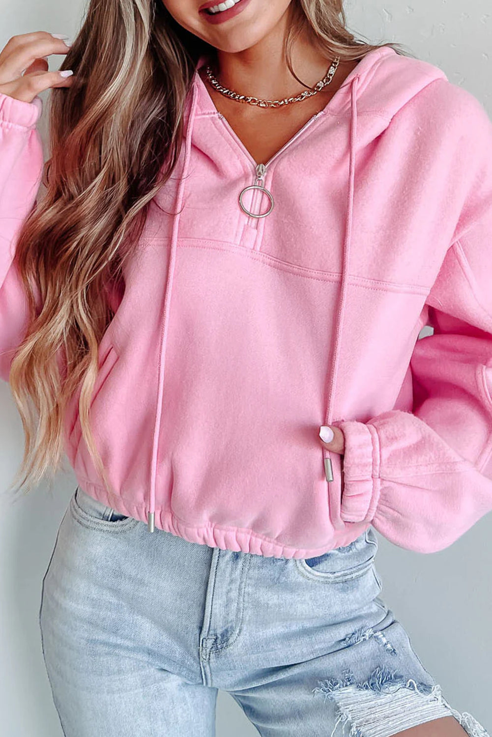 Pink Cropped Quarter Zip Drop Shoulder Hooded Sweatshirt