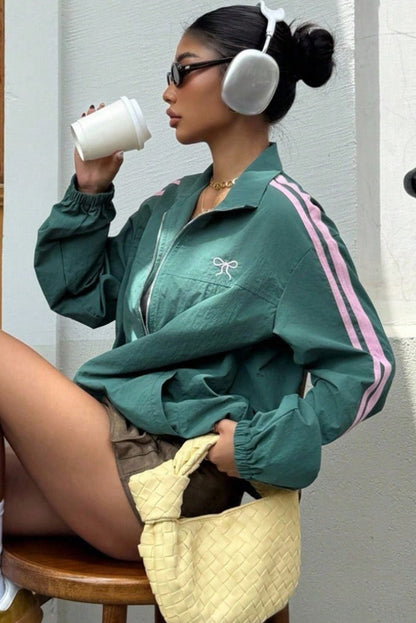 Canton Bow Embroidered Detail Zip Up Sweatshirt Womens Jacket