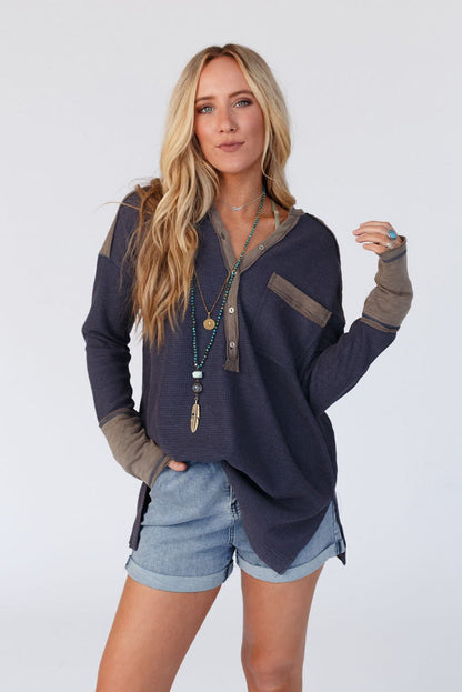 Dark Blue Contrast Trim Half Button Thermal Top