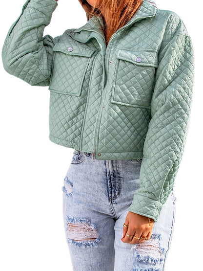 Green Quilted Zip-up Cropped Jacket with Chic Pockets
