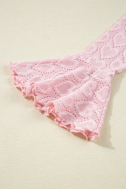 Gossamer Pink Heart Jacquard Flare Sleeve Mock Neck Fitted Top