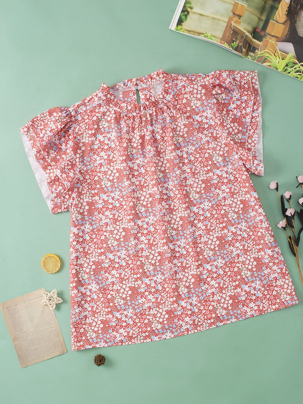 Pink Plus Size Floral Print Ruffled Sleeve Frilled Neck Blouse