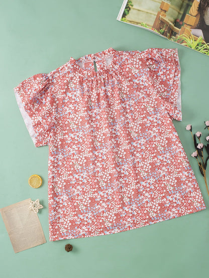 Pink Plus Size Floral Print Ruffled Sleeve Frilled Neck Blouse