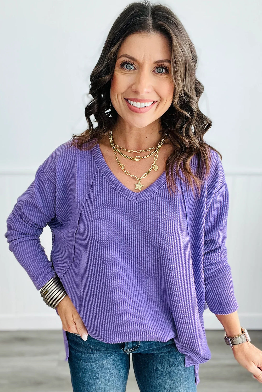 Wisteria Twisted Ribbed Exposed Seam V Neck Long Sleeve Top