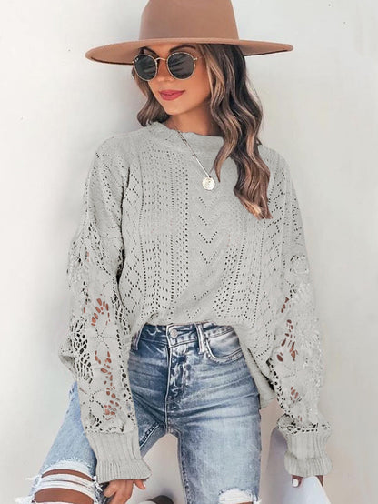 Gray Scallop Neck Crochet Lace Knit Sweater
