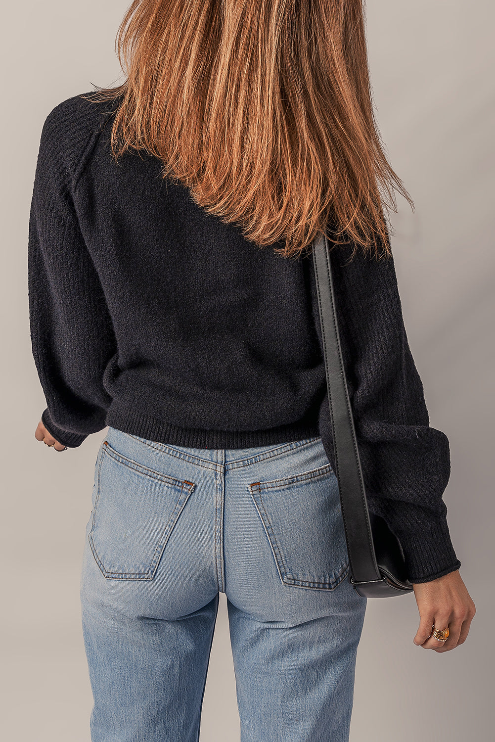 Black Solid Ribbed Knit High Neck Raglan Sleeve Sweater