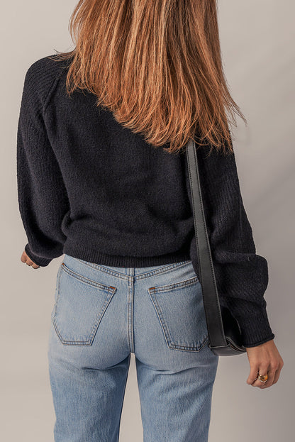 Black Solid Ribbed Knit High Neck Raglan Sleeve Sweater