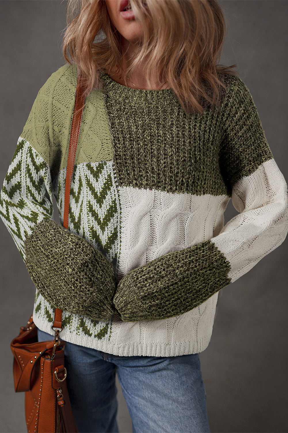 Green Color Block Patchwork Knotted Back Loose Fit Sweater