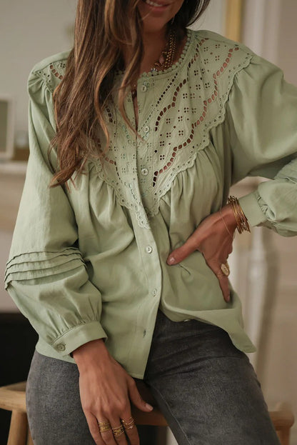 Laurel Green Eyelet Embroidered Patchwork Pintuck Long Sleeve Shirt