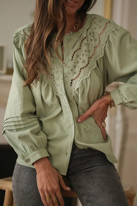Laurel Green Eyelet Embroidered Patchwork Pintuck Long Sleeve Shirt