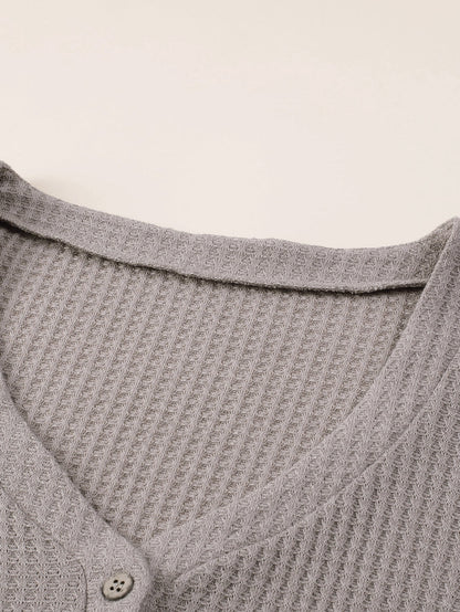 Simply Taupe Waffle Knit Drop Shoulder Button V Neck Plus Size Top