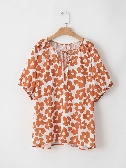 Orange Floral Print Plus Size V Neck Short Sleeve Blouse with Drawstring