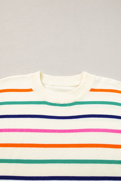 Beige Stripe Dropped Short Sleeve Boxy Fit Knitted Top