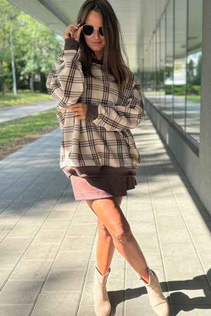 Parchment Plaid Loose Pullover Sweatshirt