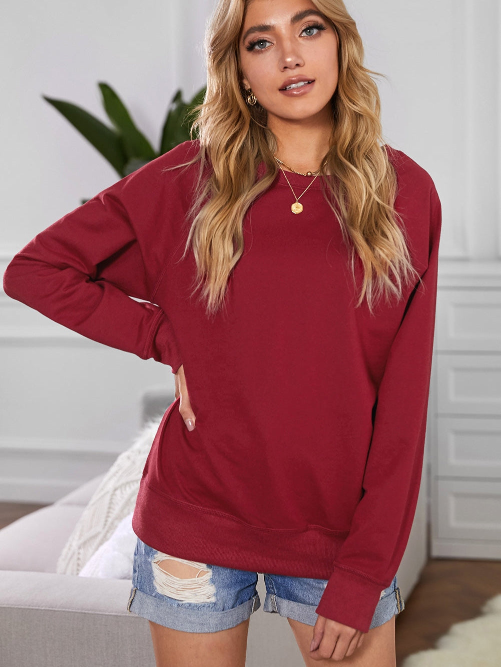 Fiery Red Solid Pullover Sweater with Crew Neck