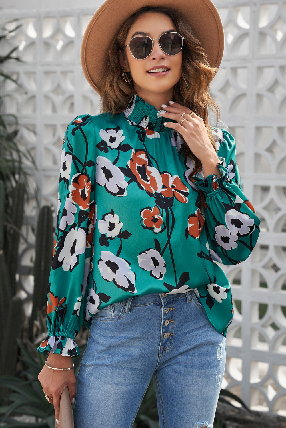 Floral Mock Neck Ruffle Sleeve Blouse