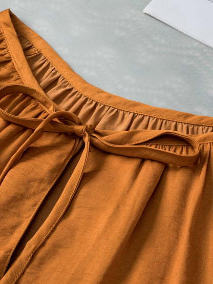 Graceful Camel Satin Pleated V Neck Puff Sleeve Blouse