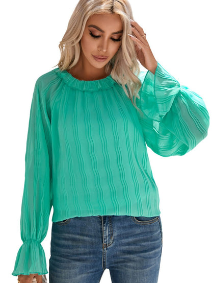 Green Chic Pleated Sleeve Blouse With Flared Cuffs