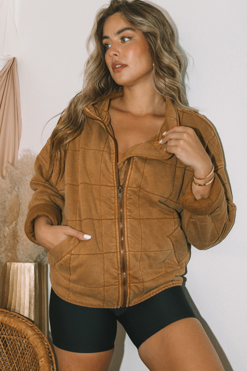 Chestnut Winter Quilted Zip Up Pocketed Jacket