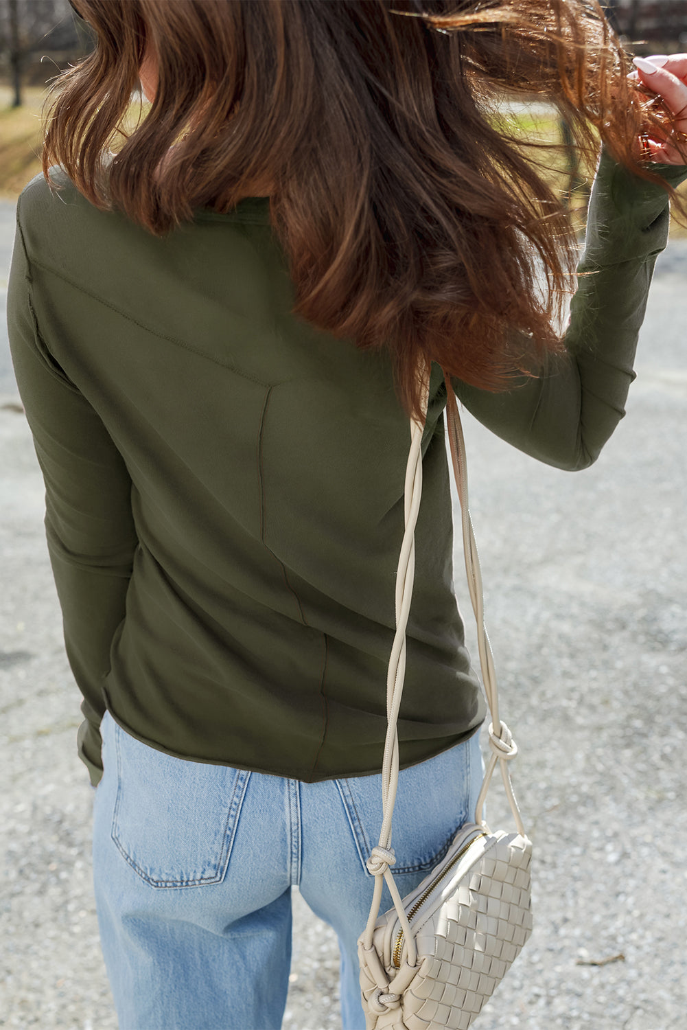 Moss Green Raw Seam Detail Solid Color Long Sleeve Top