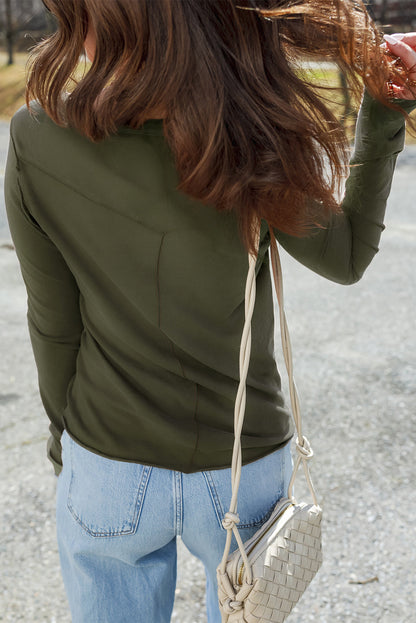 Moss Green Raw Seam Detail Solid Color Long Sleeve Top