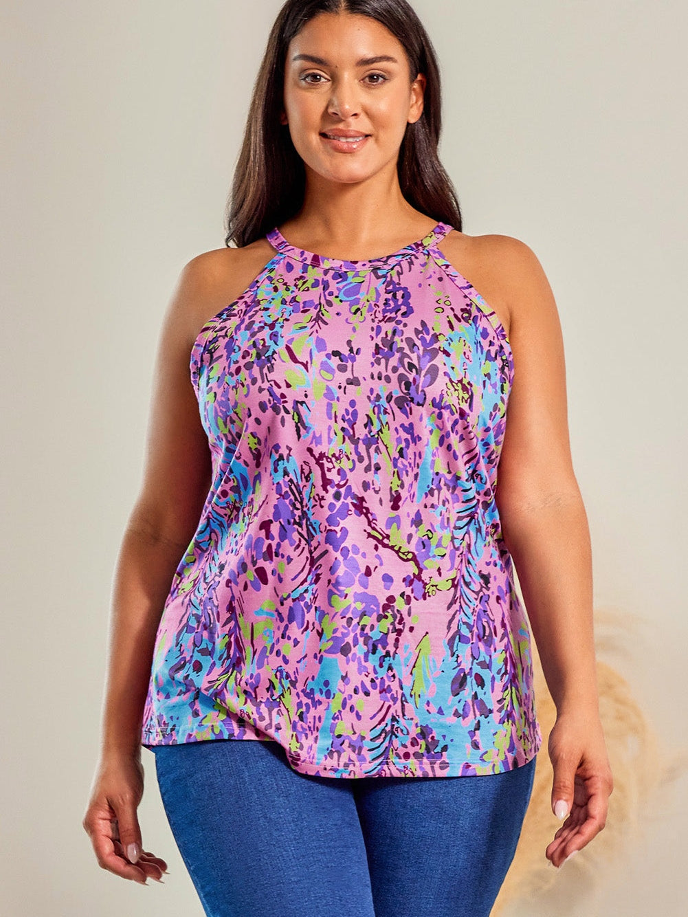 Multicolor Floral Print Round Neck Plus Size Tank Top